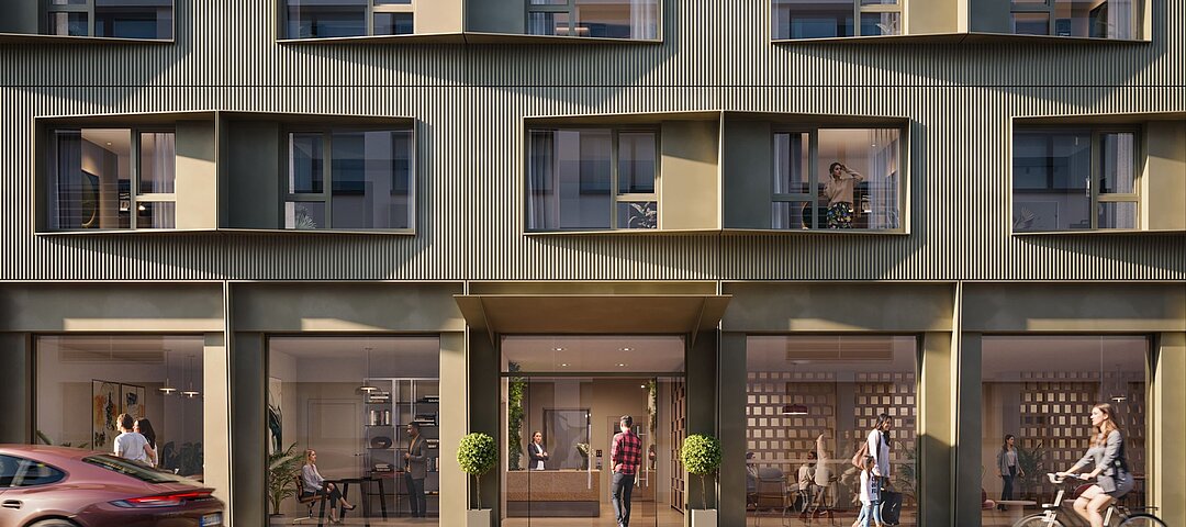 Das Serviced Apartmenthaus in Berlin-Kreuzberg wird Teil von Gewerbe- und Coworking-Angeboten im Areal. © Townscape