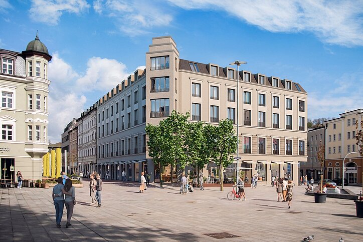 Neues Mixed-Use-Areal an altem Platz: das aktuelle Buchner Haus in Passau. © Comm AG