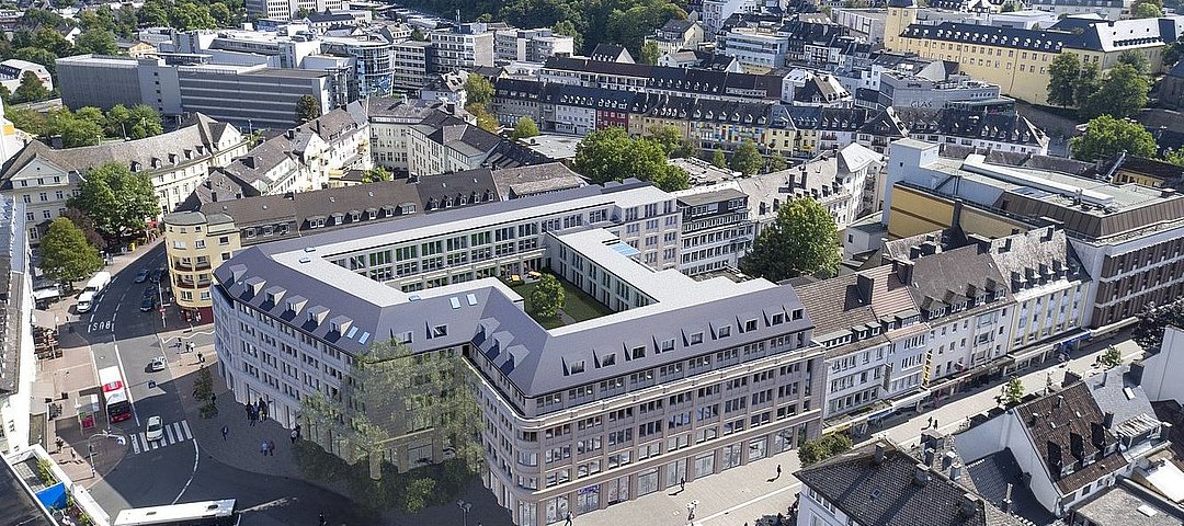 Vogelperspektive: Das neue Adapt Apartments Siegen entsteht im Johann-Moritz-Quartier in Siegen. ©  Adapt Apartments Berlin