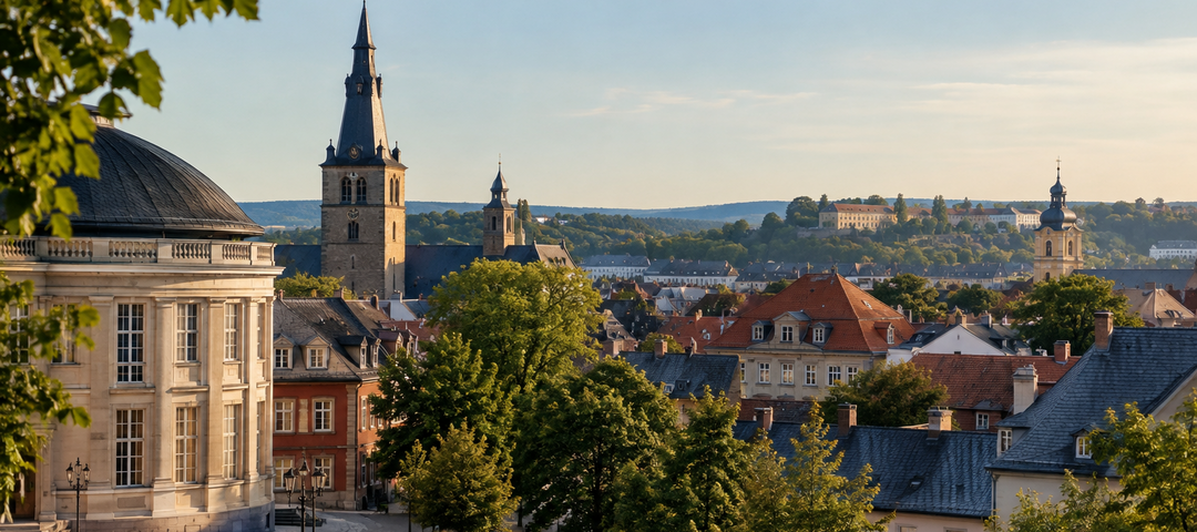 Blick über die Dächer von Weimar mit Blick auf die historische Altstadt. © KI-generiertes Symbolbild Blick über die Dächer von Weimar mit Blick auf die historische Altstadt. © KI-generiertes Symbolbild