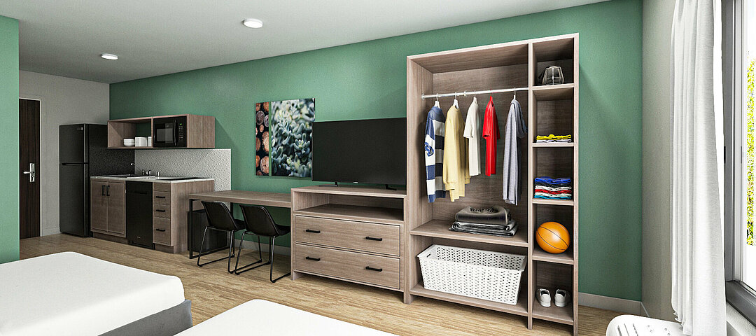 Blick in ein Apartment der neuen Economy-Marke Echo Suites Extended Stay by Wyndham