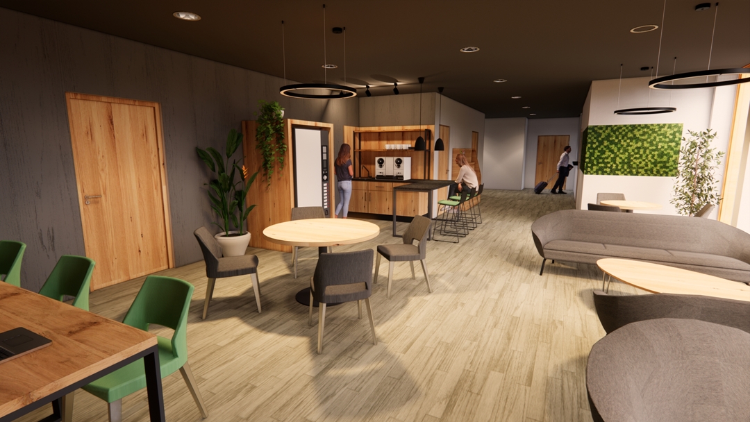 Viel Holz wird im neuen Adapt auf Coworking-Möglichkeiten in der Lobby und im angrenzenden Konferenzbereich treffen. © Adapt Apartments Berlin