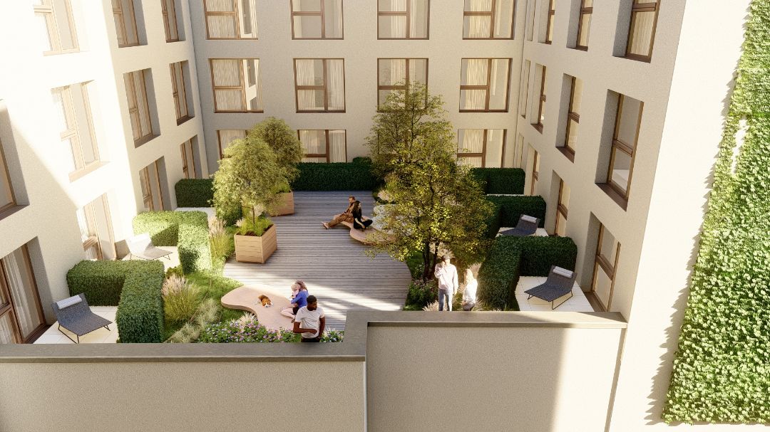 Das neue Haus der Serviced-Apartment-Marke von Novum ist mit einem höher gelegenen Innenhof geplant. © HD Gruppe - SKAI 